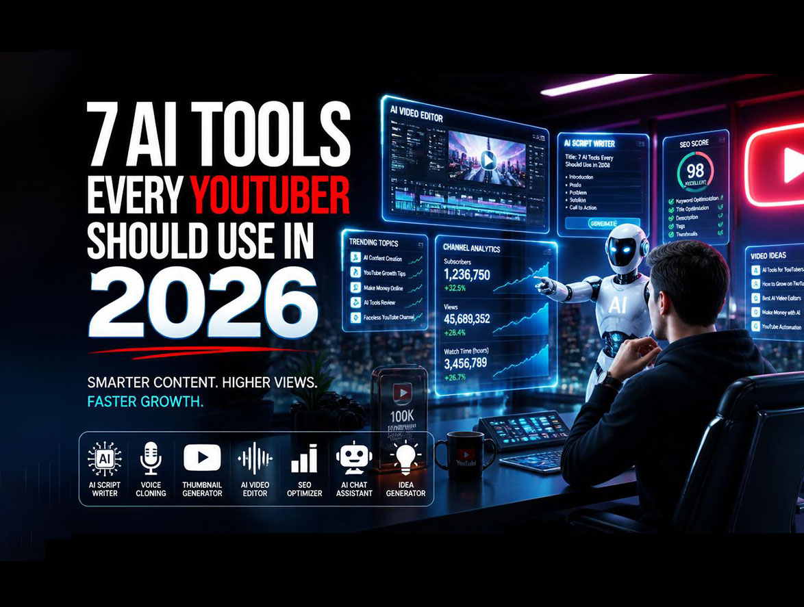 7 AI Tools Every YouTuber Needs in 2026 including ChatGPT ElevenLabs Runway VidIQ and Midjourney